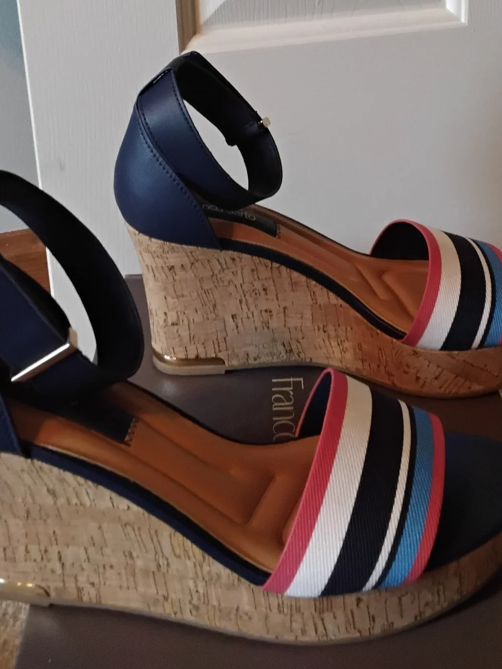 Franco Sarto Clemons Navy Espadrille Wedge Sandals with Multicolor Stripes, 8.5